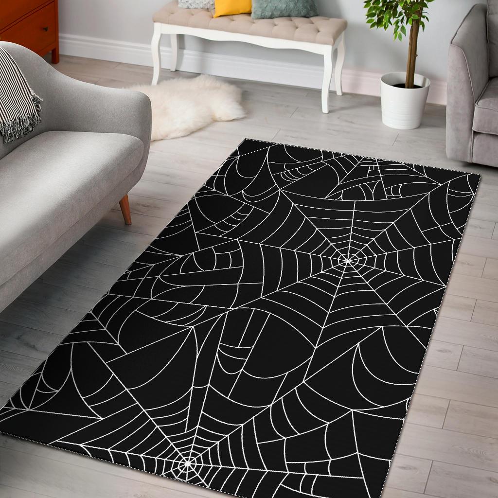 Spider web pattern Black background white cobweb Area Rug