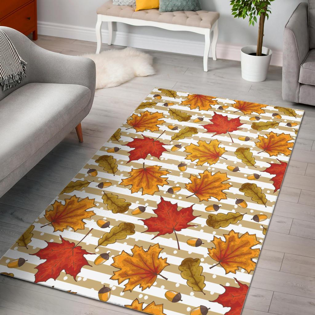 Maple leaf oak leaf acorns beige striped background Area Rug