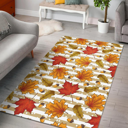 Maple leaf oak leaf acorns beige striped background Area Rug
