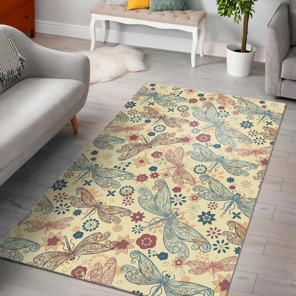 Dragonfly Flower Pattern Area Rug