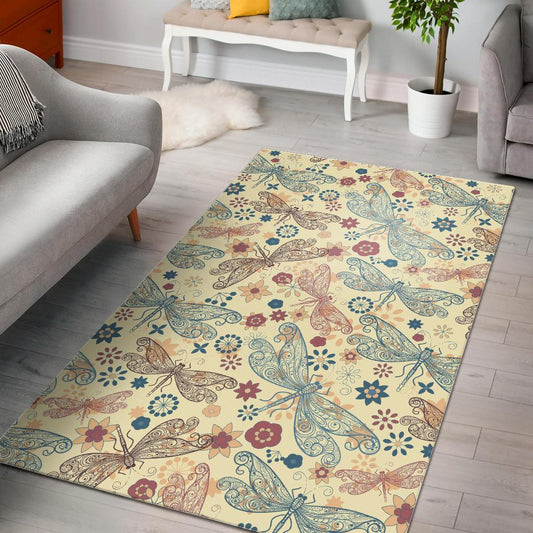 Dragonfly Flower Pattern Area Rug