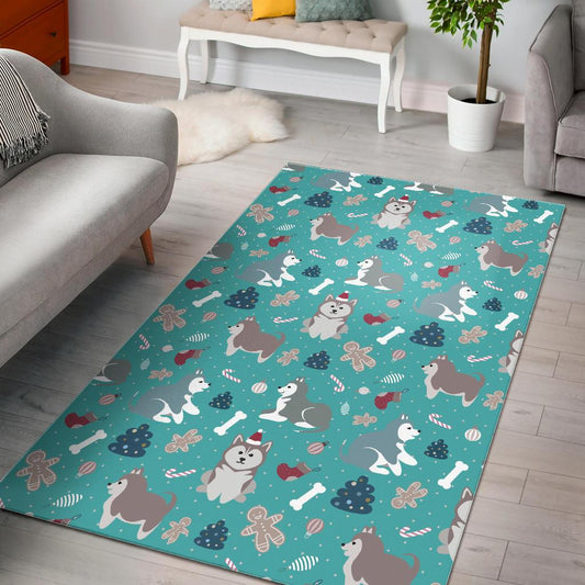 Christmas cute siberian husky puppie pattern Area Rug