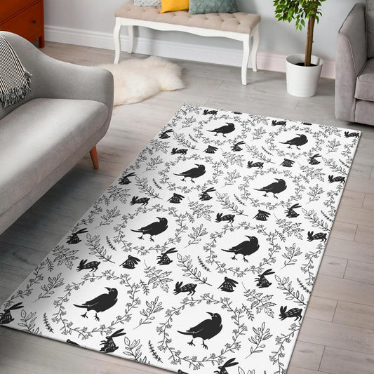Crows floral wreath rabbit pattern Area Rug