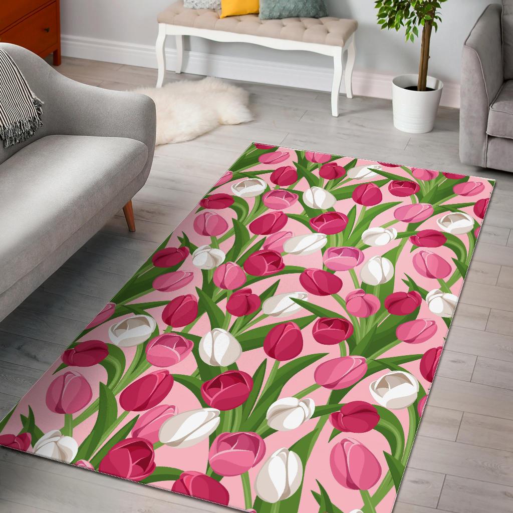 Pink White Tulip Pattern Area Rug