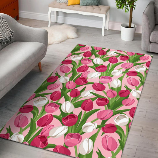 Pink White Tulip Pattern Area Rug