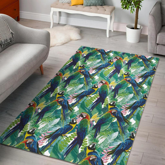 Colorful parrot exotic flower leaves Area Rug