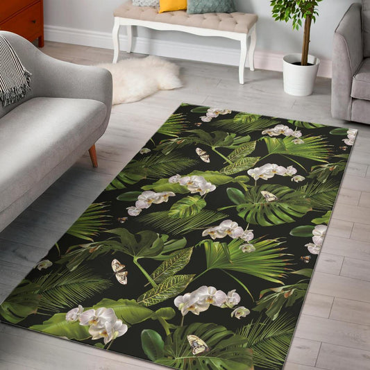 White orchid flower tropical leaves pattern blackground Area Rug