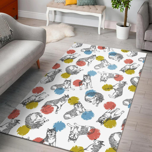 Siberian husky and colorful circle pattern Area Rug