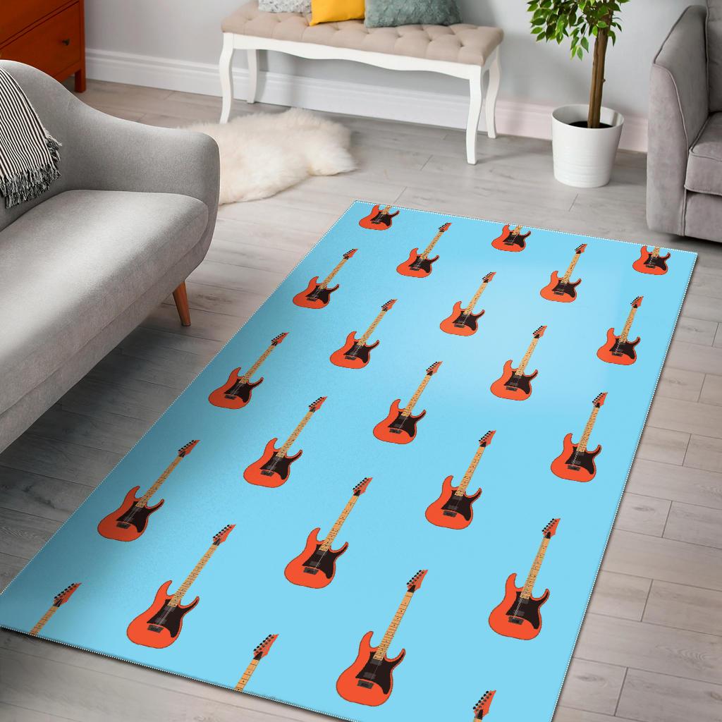 electric guitar pattern light blue background Area Rug