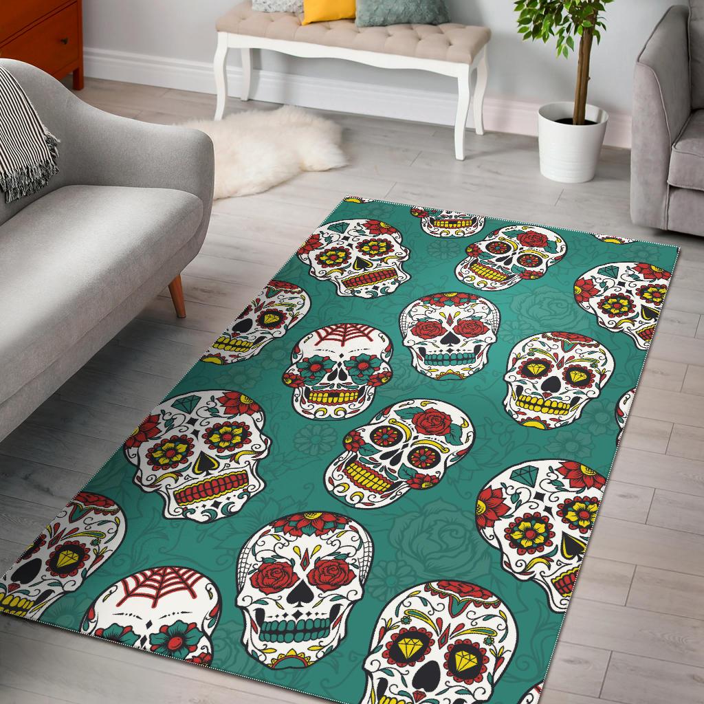 Suger Skull Pattern Green Background Area Rug