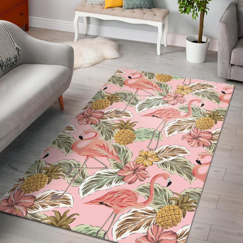 Pink flamingo birds pineapples hibiscus flower pattern Area Rug