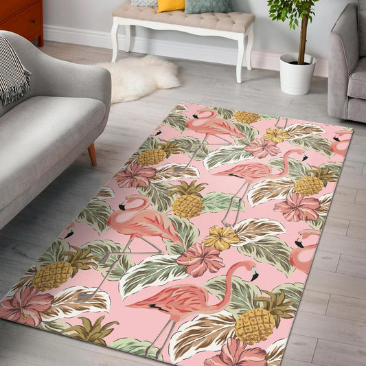Pink flamingo birds pineapples hibiscus flower pattern Area Rug