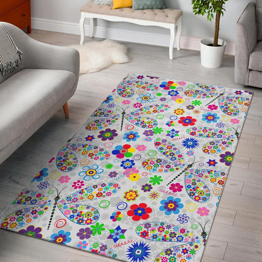 Dragonfly Color Flower Pattern Area Rug