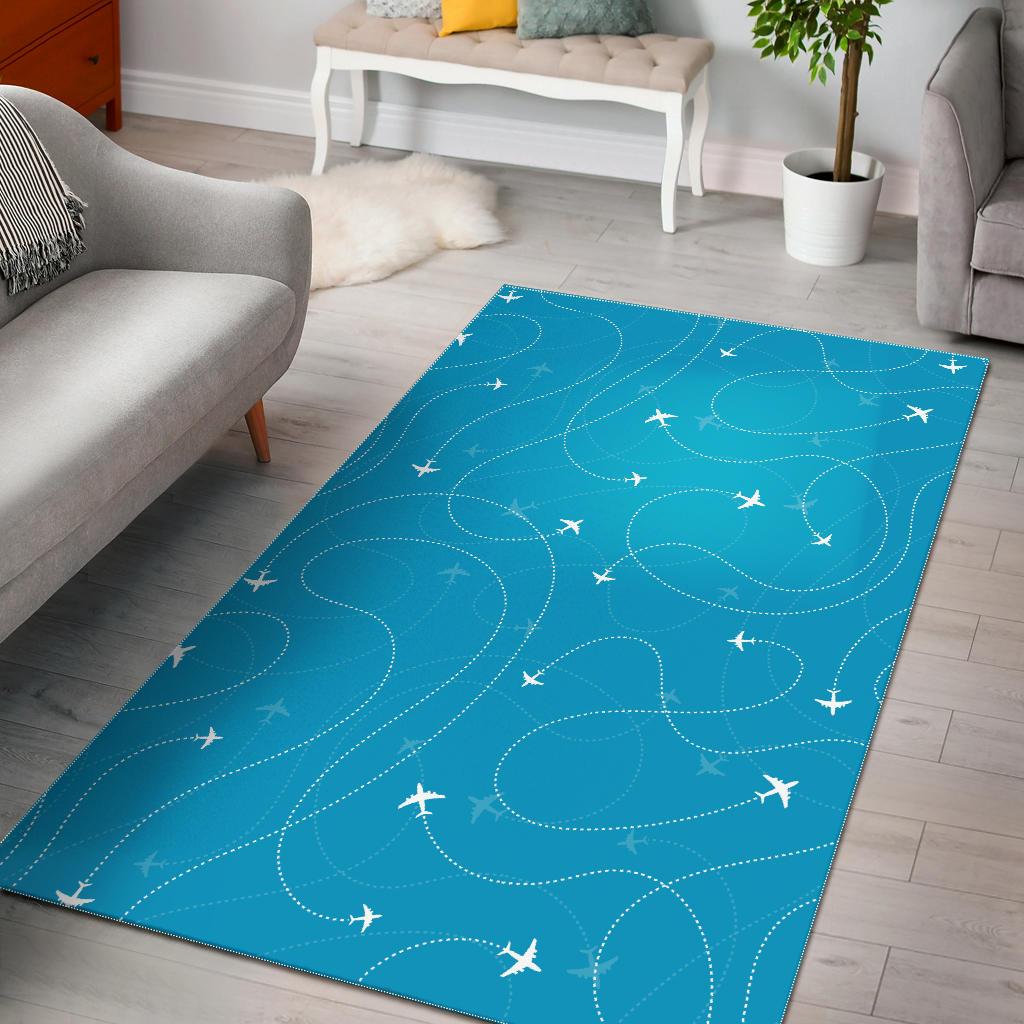 Airplane destinations blue background Area Rug