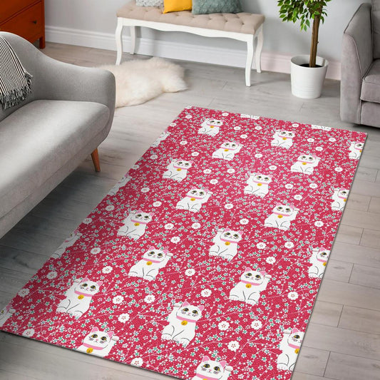 Maneki Neko Lucky Cat sakura pink background Area Rug