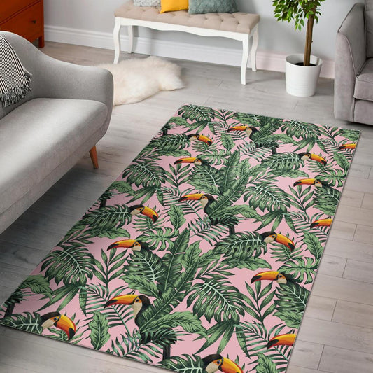 Toucan tropical green jungle palm pattern Area Rug