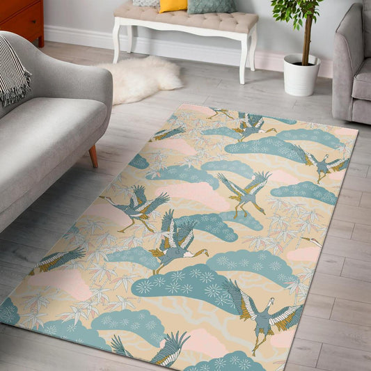Bonsai bamboo stork japanese pattern cream theme Area Rug