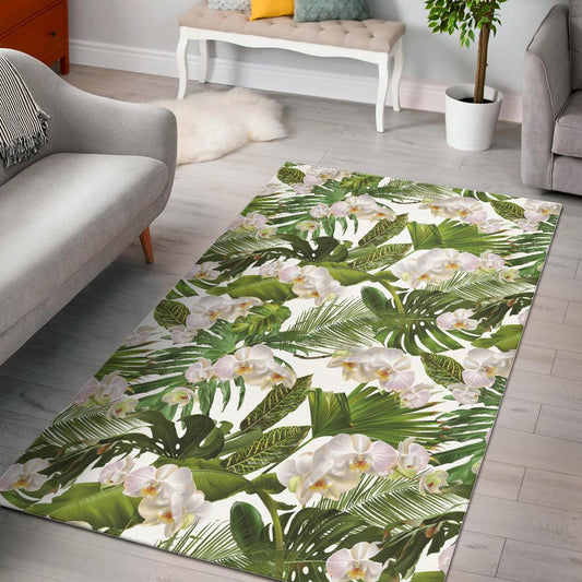 White orchid flower tropical leaves pattern Area Rug