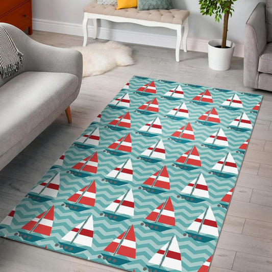 Red White sailboat wave background Area Rug
