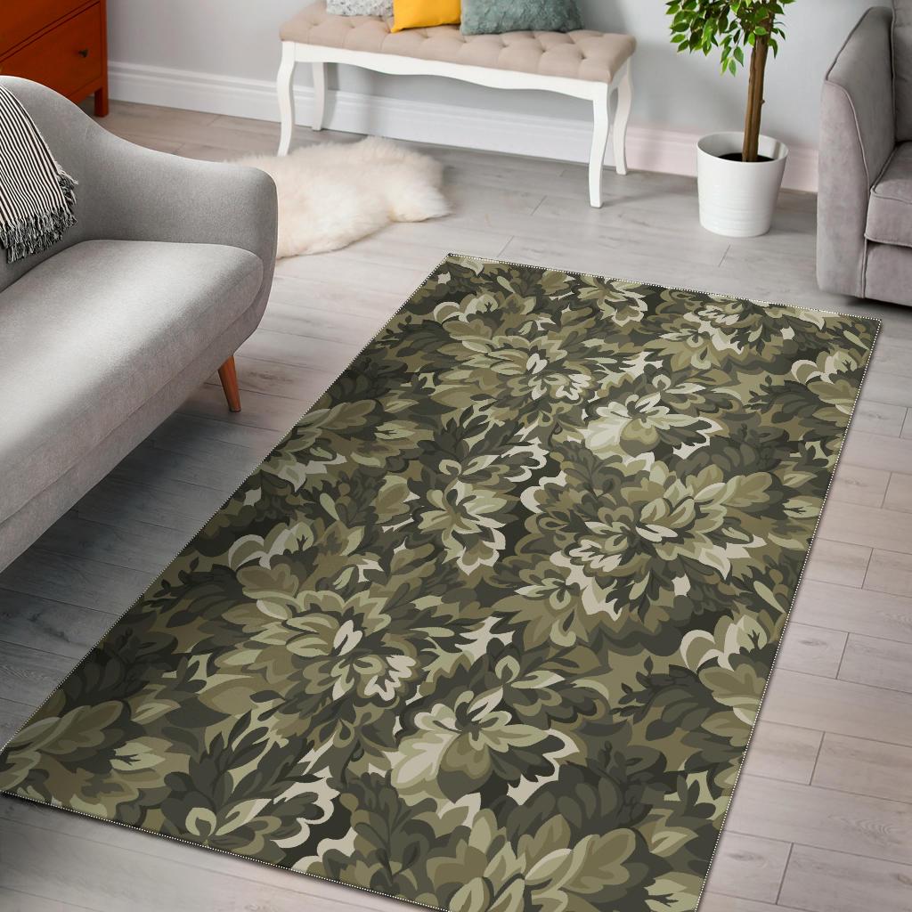 Green Camo Camouflage Flower Pattern Area Rug