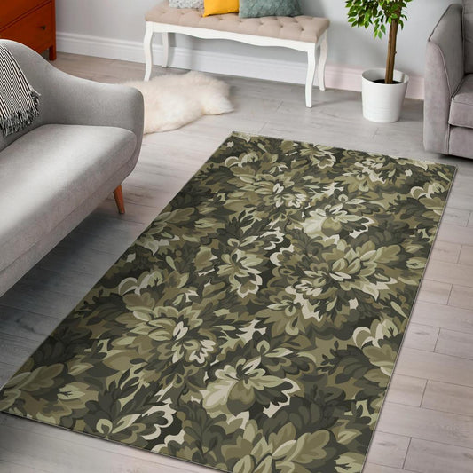 Green Camo Camouflage Flower Pattern Area Rug