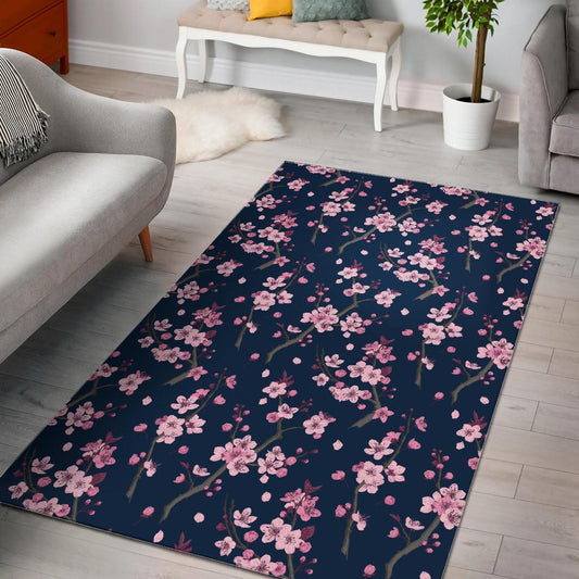 Pink sakura cherry blossom blue background Area Rug