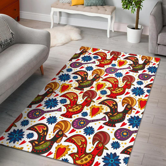 Colorful Rooster Chicken Guitar Pattern Area Rug