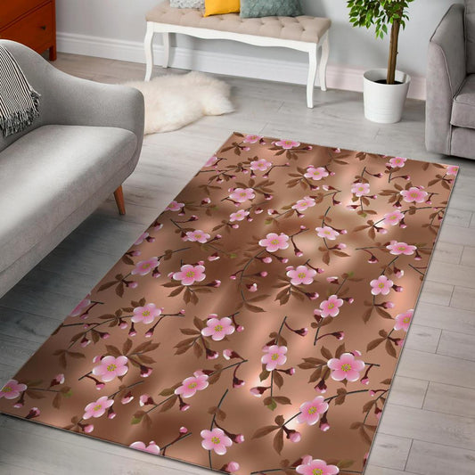 Pink sakura cherry blossom drak brown background Area Rug