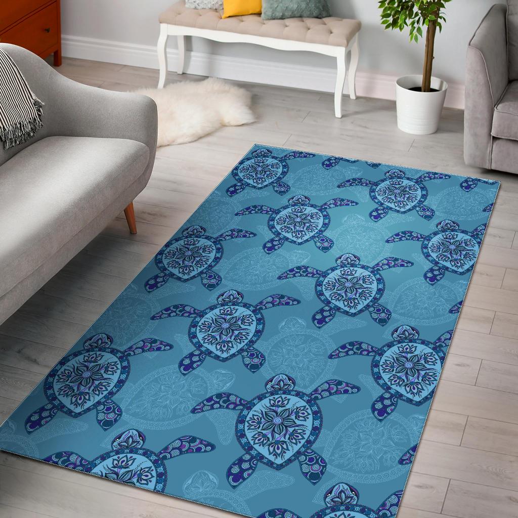 Sea Turtle Blue Tribal Pattern Area Rug
