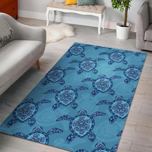 Sea Turtle Blue Tribal Pattern Area Rug