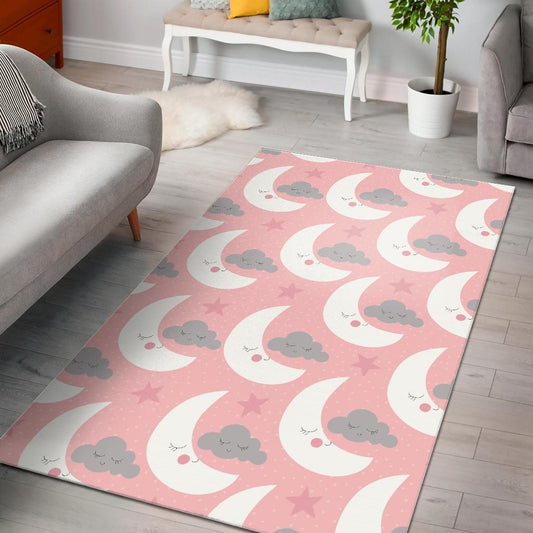 Cute moon cloud star pattern pink dot background Area Rug