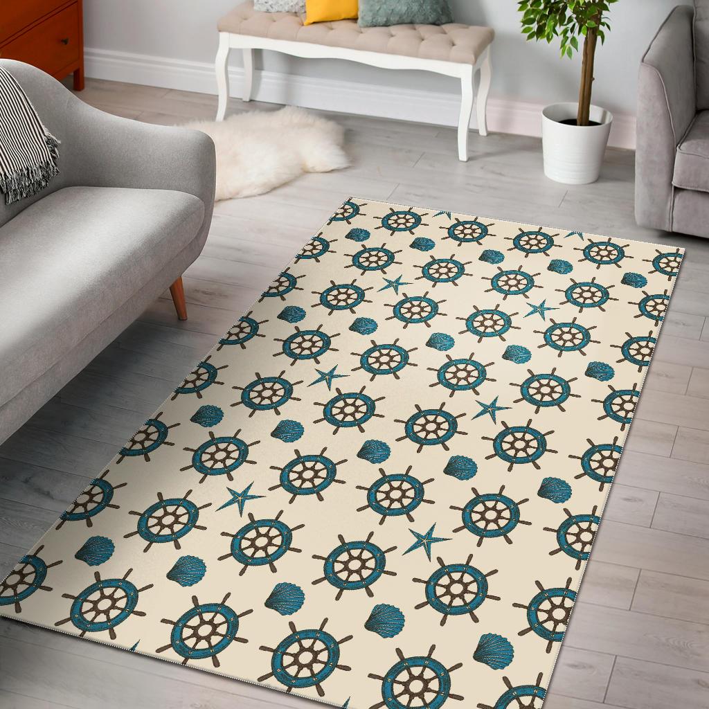 Nautical Steering Wheel Rudder Shell Pattern Area Rug