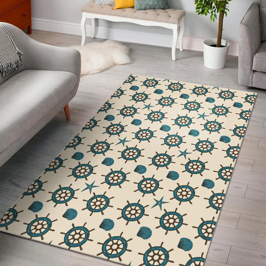 Nautical Steering Wheel Rudder Shell Pattern Area Rug