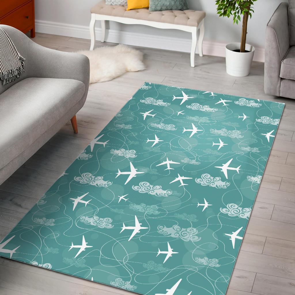 Airplane Cloud Pattern Green Background Area Rug