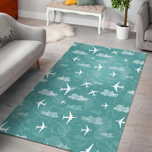 Airplane Cloud Pattern Green Background Area Rug