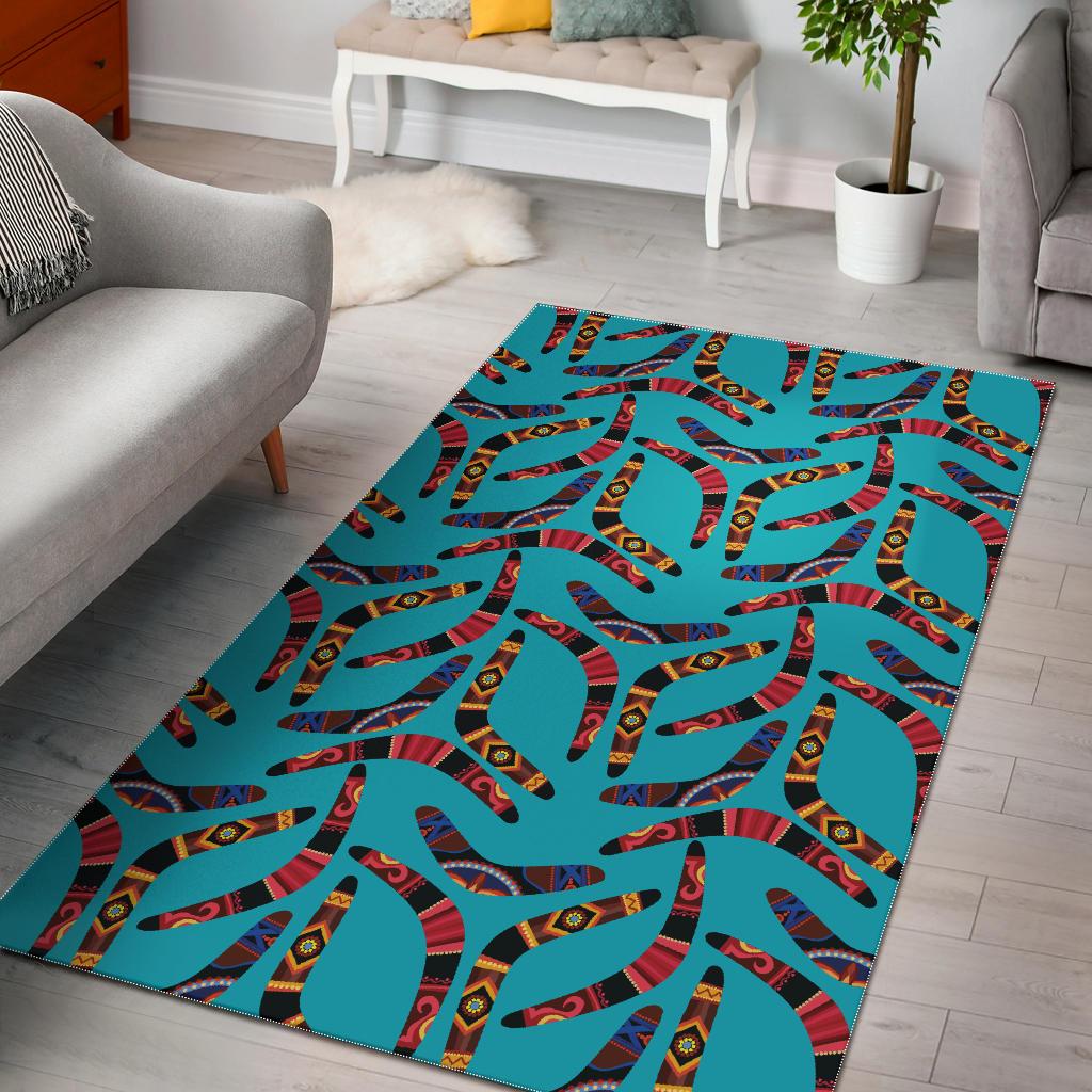 Boomerang Australian aboriginal ornament blue background Area Rug