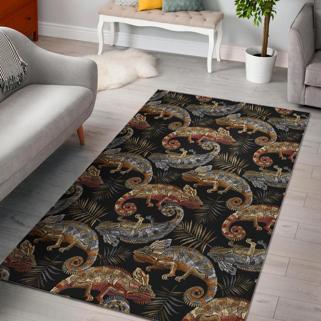 Chameleon lizard tropical leaves palm tree Area Rug