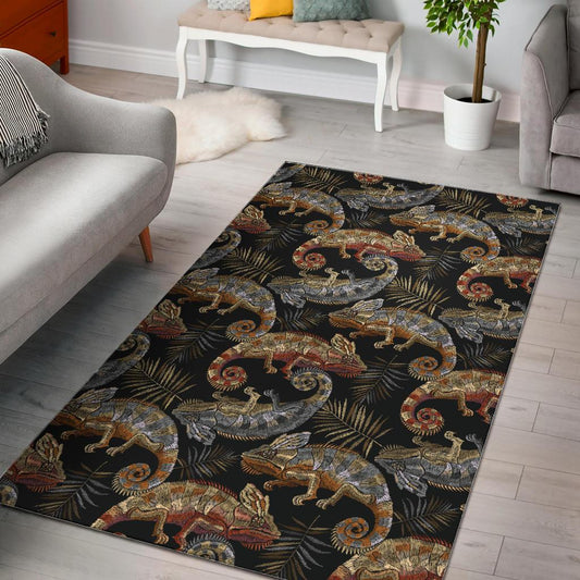 Chameleon lizard tropical leaves palm tree Area Rug