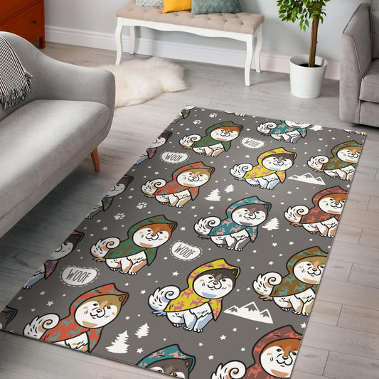 Cute Siberian Husky Raincoat Pattern Area Rug