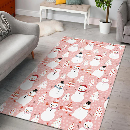 Cute snowman christmas tree snowpink background Area Rug