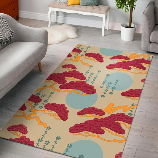 Red Bonsai gray sun japanese pattern Area Rug