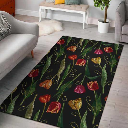 Tulip Embroidered Pattern Print Design TP01 Area Rugs