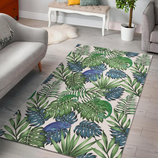 Green Blue Chameleon Lizard Leaves Pattern Area Rug