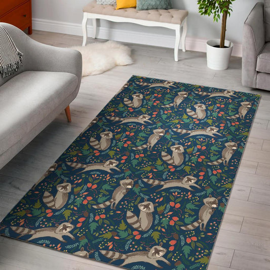 Raccoon tropical leaves pattern Area Rug