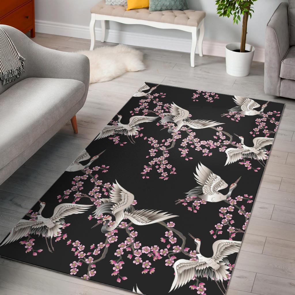 Japanese crane pink sakura pattern Area Rug