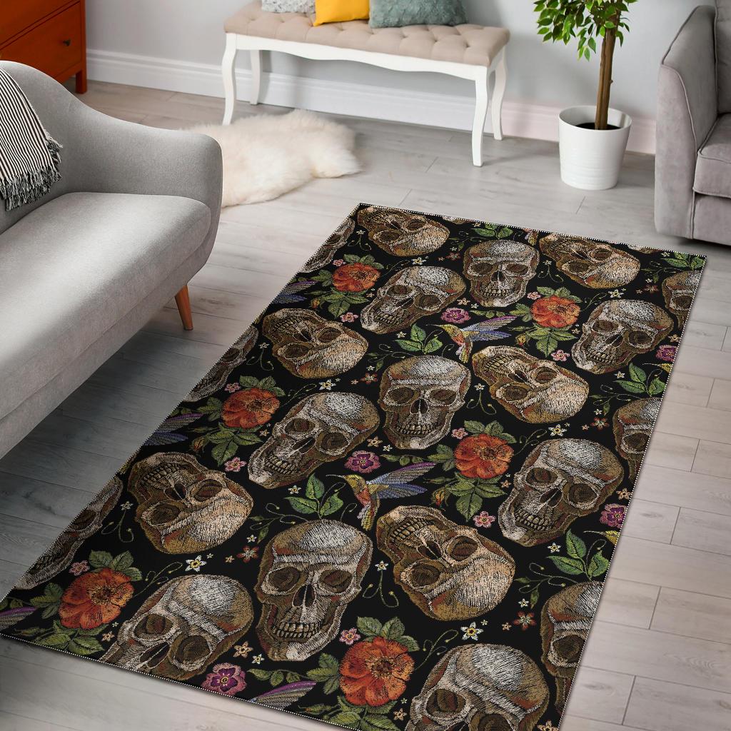 Skull rose humming bird flower pattern Area Rug