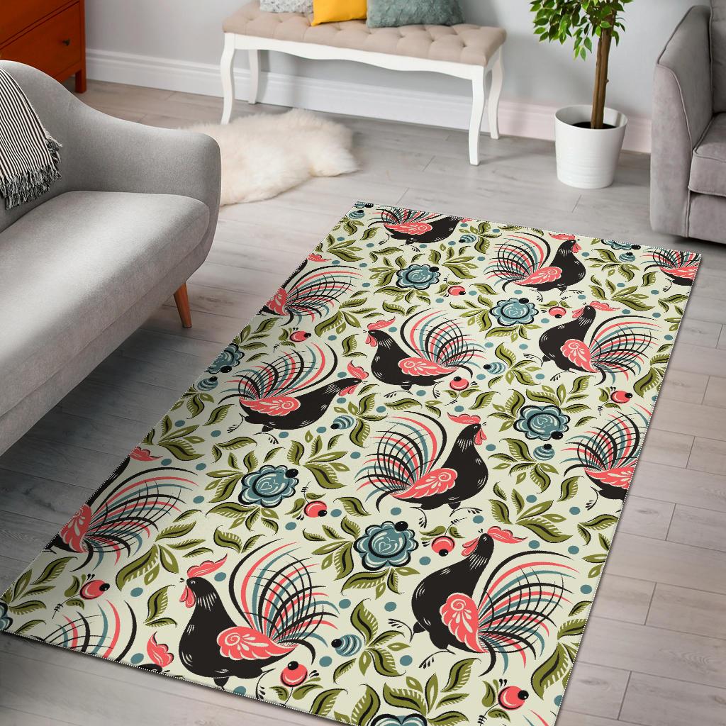 Rooster Chicken Leaves Pattern Area Rug