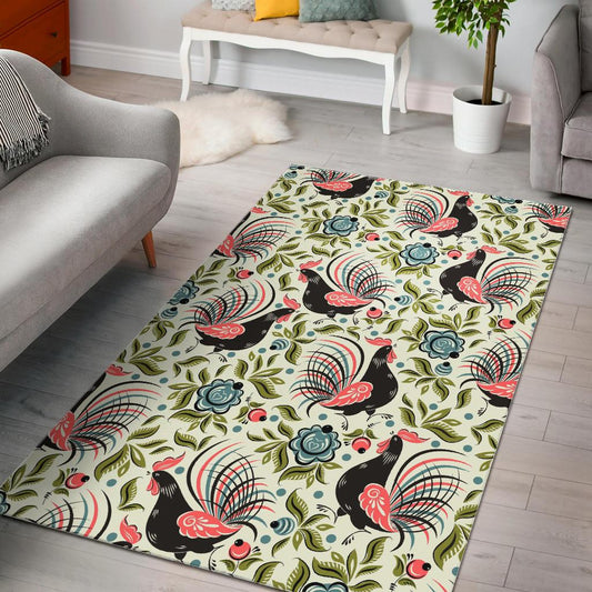 Rooster Chicken Leaves Pattern Area Rug