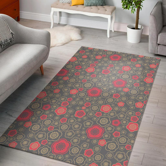 Red gold Sakura cherry blossom gray background Area Rug