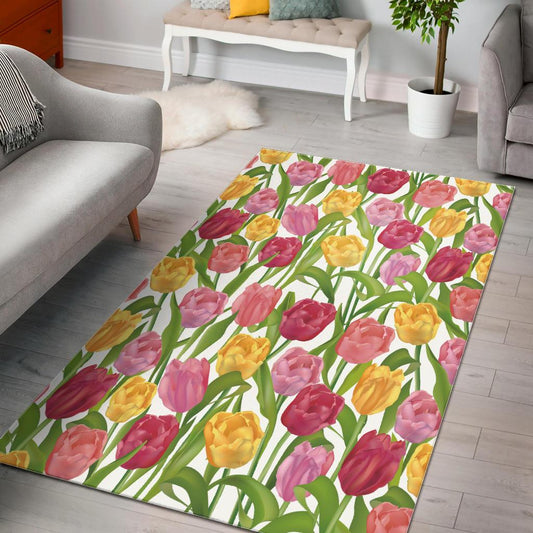 Pink Red Yellow Tulip Pattern Area Rug